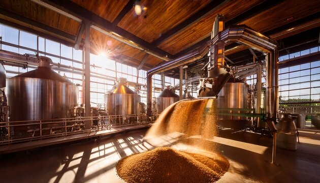 grain cascades during the brewing process in a modern facility with machinery and warm light creating a dynamic atmosphere