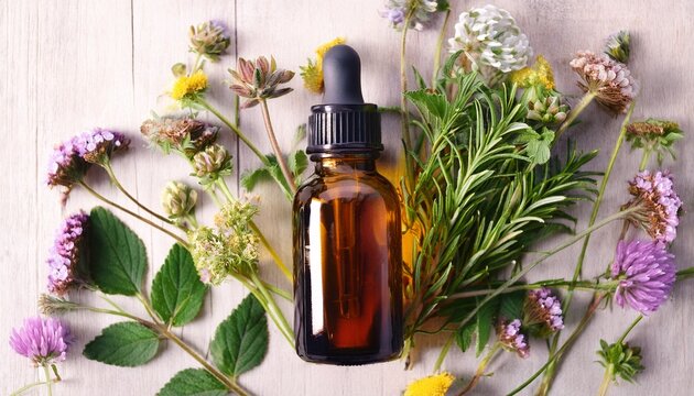 bottle with essential oil and medicinal herbs top view selective focus