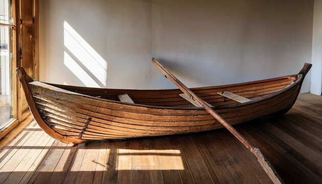 weathered wooden rowboat rests in a sunlit room with shadows casting on the floor telling stories of the past and echoes of adventures on water
