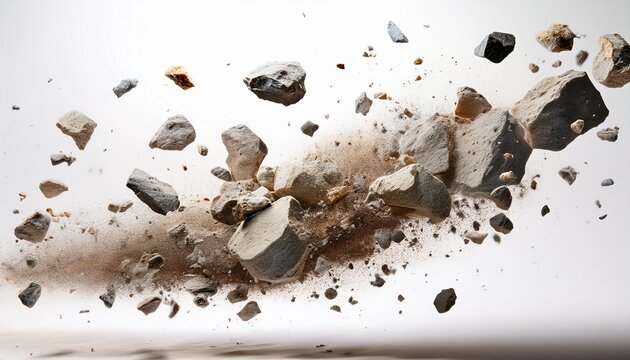 flying rocks and scattered debris captured mid air isolated on a clean bright white background