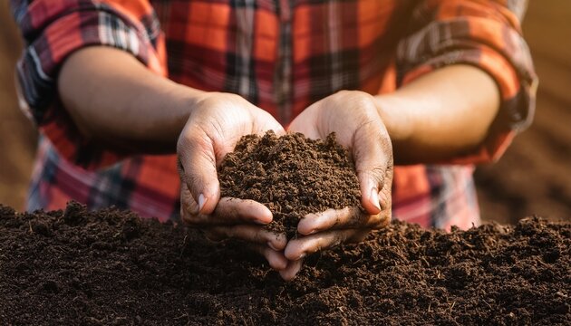 farmer hands holding rich dark soil in hands close up agricultural concept