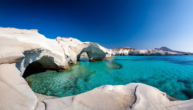 sarakiniko beach or moon beach with a natural arch of white volcanic rocks and transparent water in milos cyclades islands greece