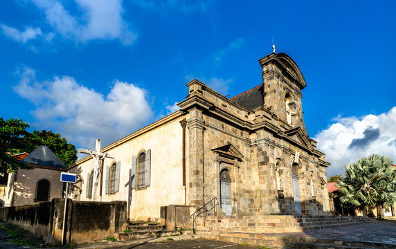 Exterior view of Cathedral of Our Lady of Guadeloupe under a blue sky in Basse-Terre, Guadeloupe, Caribbean France