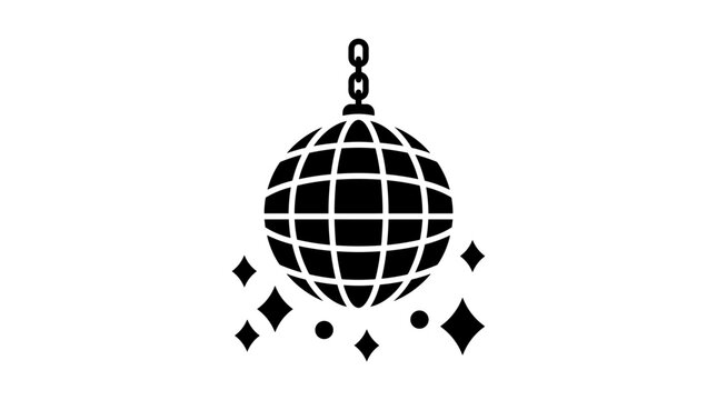 Black disco ball icon with sparkling lights on white background
