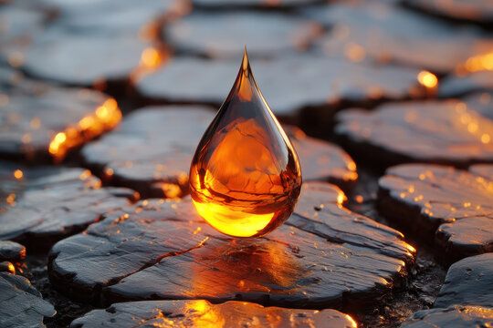Amber oil droplet suspended above cracked dry earth, close up. Fossil fuel scarcity, drought and climate crisis