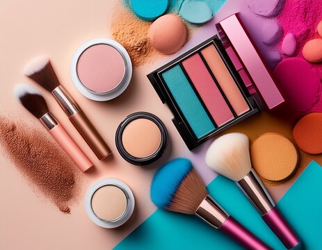 colorful makeup products arranged on pastel background