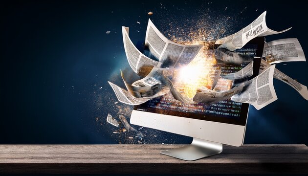 computer screen shattering with exploding news articles symbolizing information overload digital disruption and media chaos