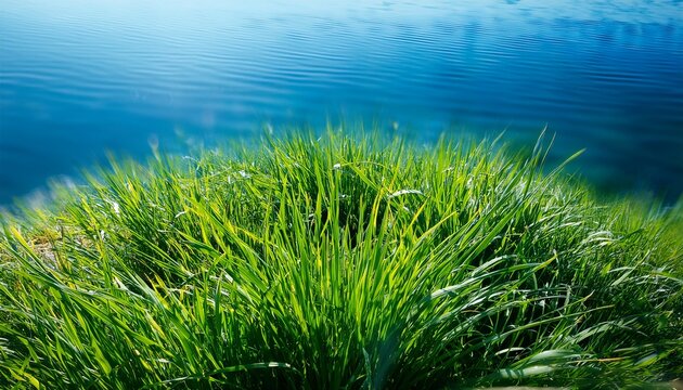 lush green grass growing along a clear blue water surface