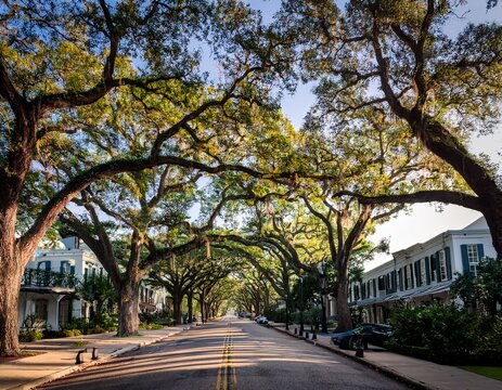 majestic oak trees in a street of the garden district in new orleans lousiana