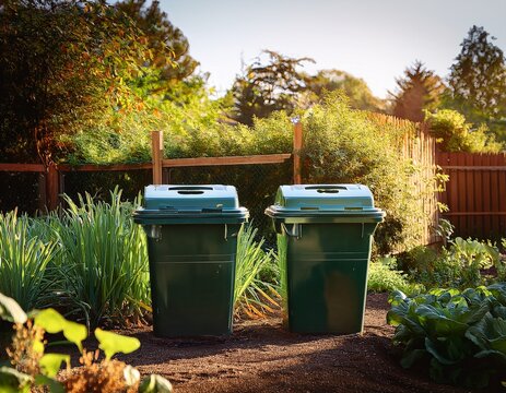 compost bins hold organic waste in a garden while plants grow around them in a sunny outdoor area