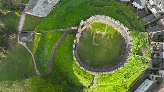 Top Down view over Totnes Castle from a drone, Totnes, River Dart, Devon, England