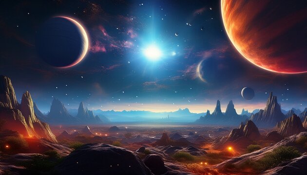 space scene with planets and rocky surface under bright star