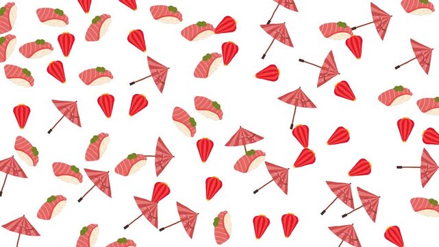 Seamless Japanese Pattern with Sushi Umbrellas and Lanterns on White