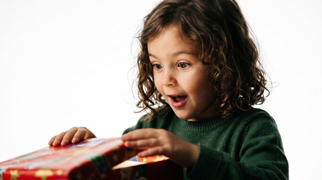 Surprised young child with curly hair opening a brightly wrapped gift box with excitement and wonder