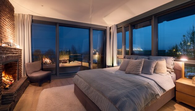cozy bedroom with fireplace and large windows at night