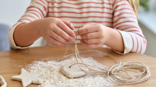Child hands shaping dough ornament with twine on flour-dusted table, festive craft activity and handmade holiday decoration concept