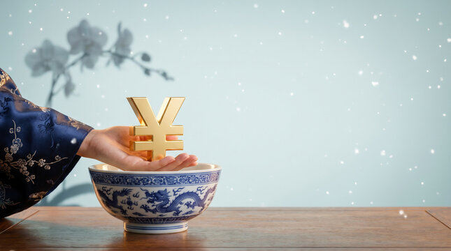 Hand placing golden yuan or yen sign into traditional porcelain bowl. Asian market financial investment, business wealth and prosperity banner.