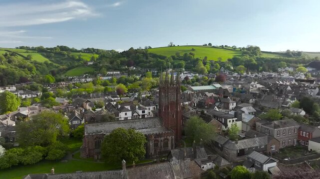 St Mary's Church and Totnes Castle from a drone, Totnes, River Dart, Devon, England