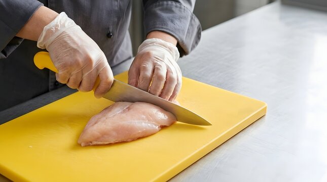Cook cutting raw chicken breast with knife on yellow plastic board in commercial kitchen