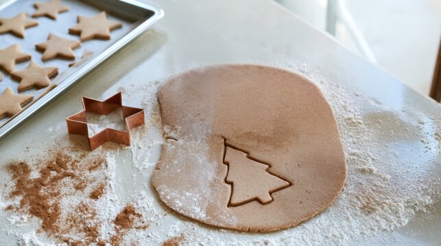 Cookie dough with star and tree cutouts on floured countertop, holiday baking and homemade dessert preparation