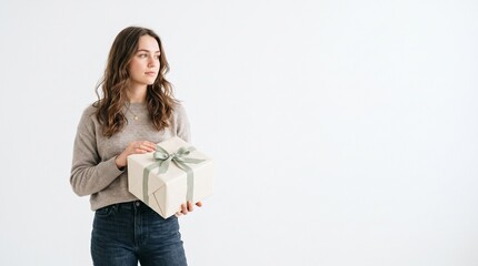 Fototapeta premium Young Woman Holding a Wrapped Gift Box with a Green Ribbon Against a White Background