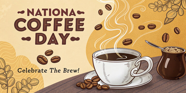 Coffee Day Promotion Banner with Cups Coffee Beans and Free Drink Offer