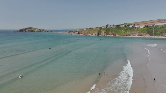 Aerial view of Bantham Beach and River Avon from a drone, South Hams, Devon, England