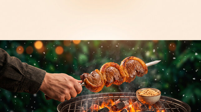 Hand holding Brazilian Picanha beef steak skewer over charcoal BBQ grill with smoke. Winter holiday churrasco restaurant menu banner copy space