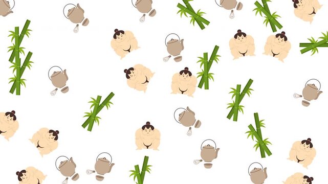 Japanese cultural pattern with sumo wrestlers bamboo and traditional tea sets