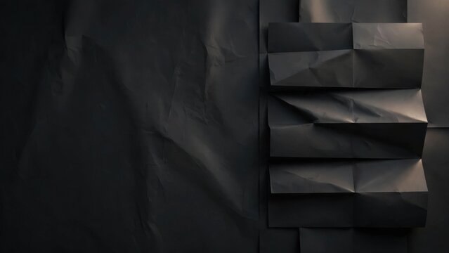 Dark, textured paper folds create geometric shadows and highlights on a crumpled surface