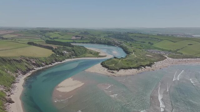 Aerial view of Bantham Beach and River Avon from a drone, South Hams, Devon, England