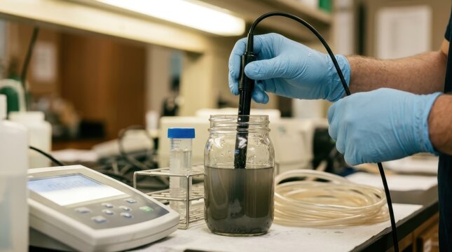 Gloved hands inserting a sensor probe into a wastewater sample jar beside a pH meter and tubing for environmental testing.