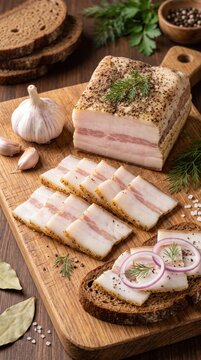 Sliced seasoned pork lard with garlic rye bread and herbs