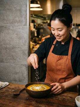 Smiling female chef garnishing bowl of creamy pumpkin soup with seeds in kitchen