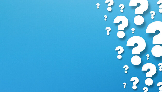 Scattered White Question Marks with copy space on Blue Background