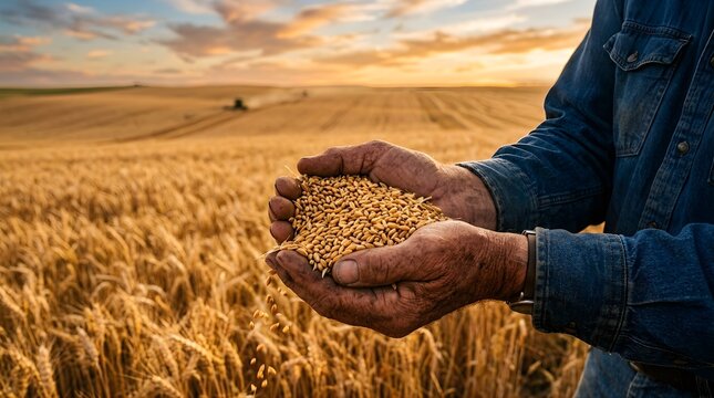 Farmer holding golden wheat grains in hands at sunset on rural farm