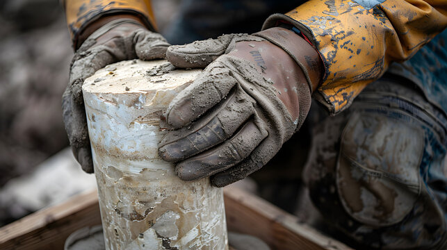 Geotechnical worker in gloves handling a cylindrical soil core sample