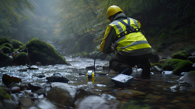 Hydrologist taking water flow measurements in a natural forest stream