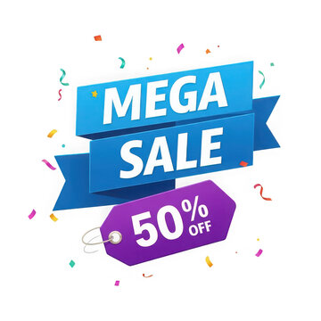 Mega sale 50 percent off blue banner and purple price tag with colorful confetti