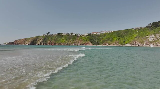 Aerial view of Bantham Beach and River Avon from a drone, South Hams, Devon, England