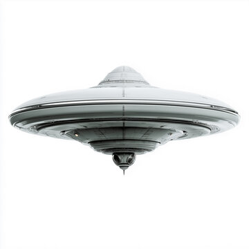 A futuristic metallic UFO spaceship or flying saucer isolated on a clean white background. Detailed side view of alien spacecraft technology, perfect for sci-fi and invasion concepts