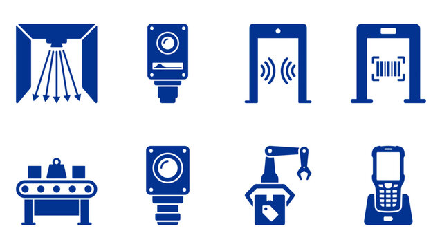 Set of smart warehouse scanning automated barcode reader and machine vision sensor icons in blue monochrome
