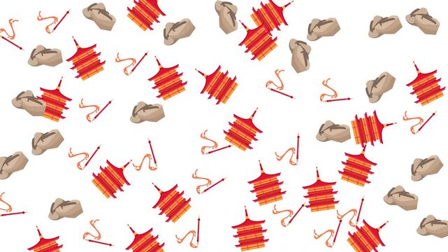 Seamless Pattern of Traditional Japanese Cultural Icons Like Pagoda and Geta