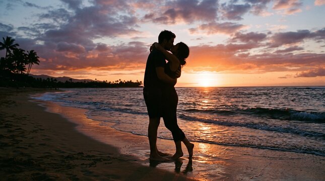 Romantic Embrace at Sunset Beach: A couple shares a passionate kiss on a serene beach as the sun dips below the horizon, casting a warm, golden glow across the water and sky.