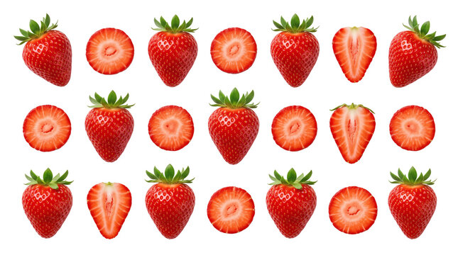 Whole ripe strawberries alternate with round cross sections and lengthwise halves that expose centers and flesh. The seeded skins surround pale centers beneath leaves on a transparent background.