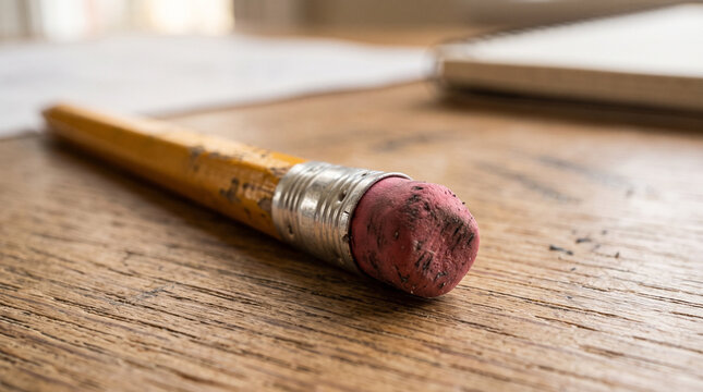 Worn down pencil eraser on wooden desk with papers in background  