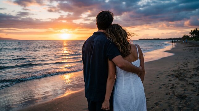 Romantic Sunset Embrace: A couple gazes at the breathtaking sunset over the ocean, their arms around each other on a tranquil beach, encapsulating love and serenity.