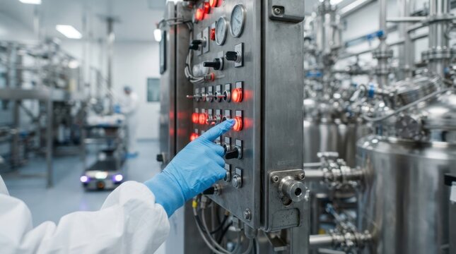Gloved engineer touching industrial control cabinet beside sterile batching system with red indicator lamps and robotic cart in factory