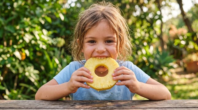 Sweet Summer Treat: A joyful young child with curly hair takes a bite of a refreshing pineapple ring, a perfect outdoor snack enjoyed in the sunshine.