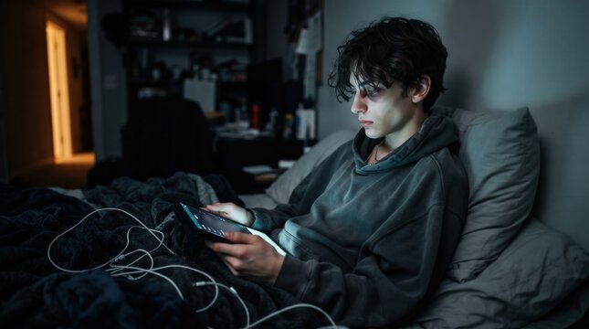 Teenage boy lying in bed at night using a glowing digital tablet, capturing a somber mood of digital addiction and insomnia for mental health awareness and technology overuse campaigns.